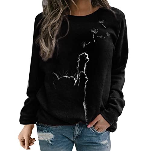 Chnnamzu Pullover Damen Süßes Katzenmotiv Sweatshirt Herbst Winter Langarm für Frauen Oberteile mit Katze Motiv Hemd Damenmode Lässig Langarm Bedruckte O-Neck Tops Sweatshirt Bluse von Chnnamzu