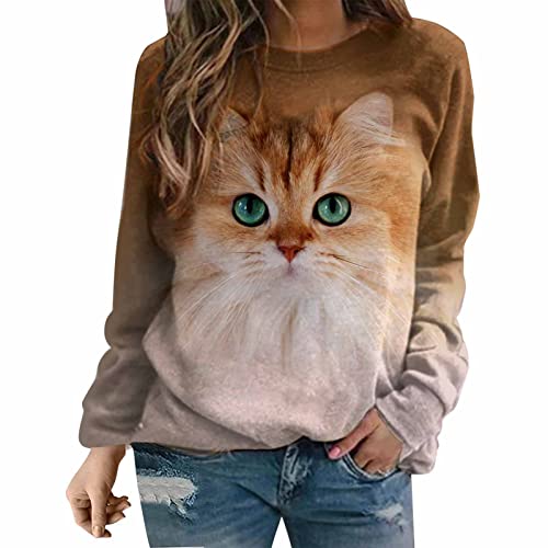 Chnnamzu Pullover Damen Süßes Katzenmotiv Sweatshirt Herbst Winter Langarm für Frauen mit Katze Motiv Hemd Damenmode Lässig Langarm Bedruckte O-Neck Tops Sweatshirt Bluse von Chnnamzu