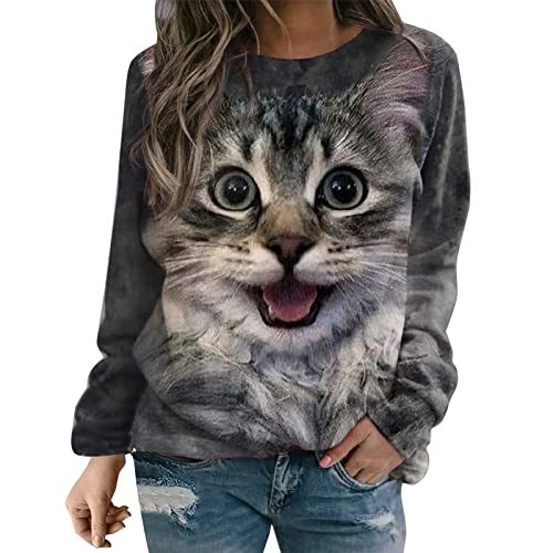 Chnnamzu Pullover Damen Süßes Katzenmotiv Sweatshirt Herbst Winter Langarm für Frauen mit Katze Motiv Hemd Damenmode Lässig Langarm Bedruckte O-Neck Tops Sweatshirt Bluse von Chnnamzu