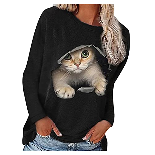 Chnnamzu Pullover Damen Süßes Katzenmotiv Sweatshirt Herbst Winter Langarm für Frauen mit Katze Motiv Hemd Damenmode Lässig Langarm Bedruckte O-Neck Tops Sweatshirt Bluse von Chnnamzu