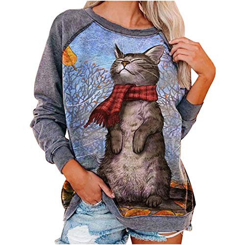 Chnnamzu Pullover Damen Süßes Katzenmotiv Sweatshirt Herbst Winter Langarm für Frauen mit Katze Motiv Hemd Damenmode Lässig Langarm Bedruckte O-Neck Tops Sweatshirt Bluse von Chnnamzu