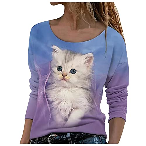 Chnnamzu Pullover Damen Süßes Katzenmotiv Sweatshirt Herbst Winter Langarm für Frauen mit Katze Motiv Hemd Damenmode Lässig Langarm Bedruckte O-Neck Tops Sweatshirt Bluse von Chnnamzu