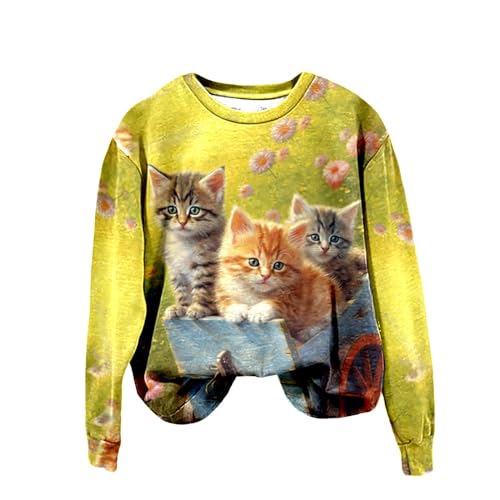 Chnnamzu Pullover Damen Süßes Katzenmotiv Sweatshirt Herbst Winter Langarm für Frauen mit Katze Motiv Hemd Damenmode Lässig Langarm Bedruckte O-Neck Tops Sweatshirt Bluse von Chnnamzu