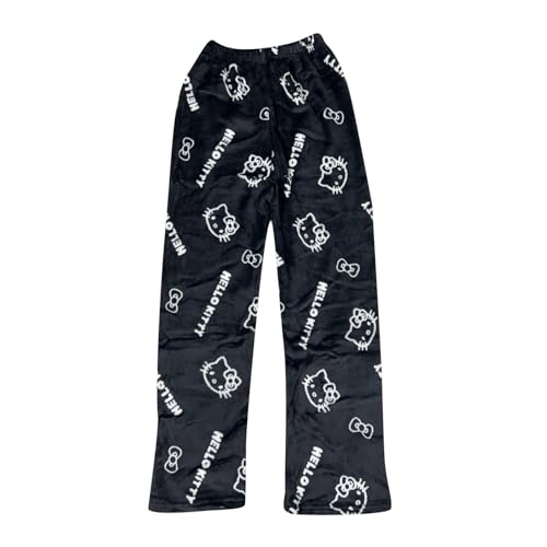 Pyjama Hose Damen Pyjamahose Lang Flanell Schlafanzug Hosen Schlafanzughose Kitty Anime Cartoon Kawaii Kuschelig Weich Bequeme Warme Flauschig Casual Home Lounge Schlafhose Herbst Winter von Chnnamzu