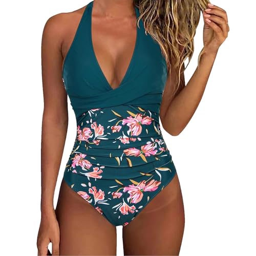 Chnnamzu Sexy Badeanzug Damen Bauchweg Neckholder - Badeanzüge für Damen mit Abnehmbar Cups - Einteilige Bademode V Ausschnitt Monokinis Push Up Blumenmuster Swimsuit Schwimmanzug von Chnnamzu