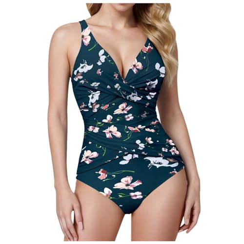 Chnnamzu Shape Badeanzug Damen Bauchweg Push Up - Badeanzüge für Damen mit Retro Schlankheits Raffung Cups Abnehmbar - Einteilige Bademode V Ausschnitt Monokinis Blumenmuster Elegant Schwimmanzug von Chnnamzu