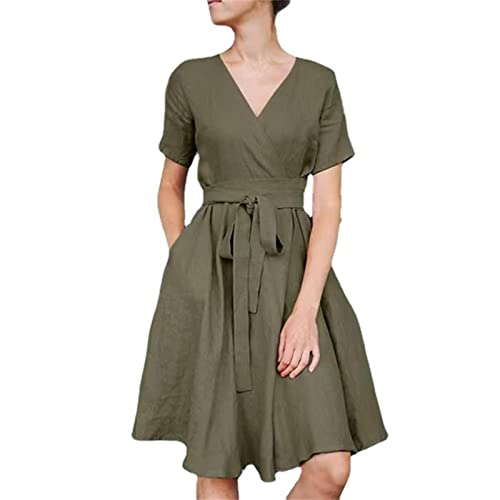 Chnnamzu Sommerkleid Damen Lang Leinen Kleid Einfarbig Strandkleider Leinenkleider V-Ausschnitt Kurzarm Tunika Kleid FreizeitkleidCasual mit Taschen Sommer Baumwolle Leinen von Chnnamzu