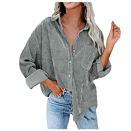 Damen Cord Jacke Cordhemd Damen Vintage Hemd Cordjacke Winter Frühling Herbst Top Langarmshirt Elegant Hemdbluse mit Knöpfen V-Ausschnitt Casual Arbeit Bluse Jacke von Chnnamzu