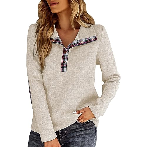 Damen Sweatshirt ohne Kapuze Oversize Pullover mit Karierter Druck Kragen mit Knopfleiste Pullover Elegant Basic Einfarbig Oberteil Langarm von Chnnamzu