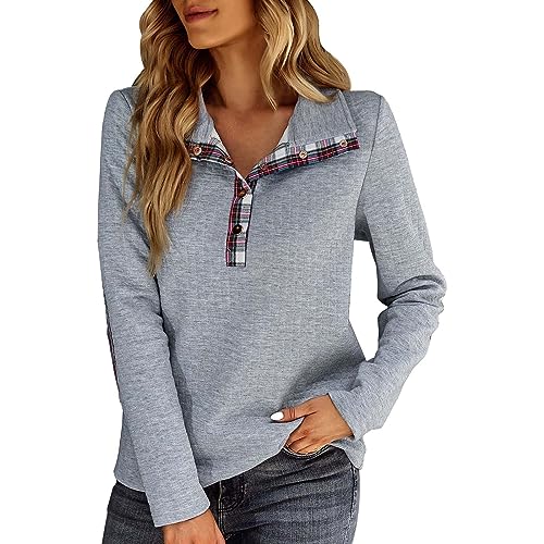 Damen Sweatshirt ohne Kapuze Oversize Pullover mit Karierter Druck Kragen mit Knopfleiste Pullover Elegant Basic Einfarbig Oberteil Langarm von Chnnamzu