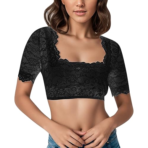 Dirndl Bluse Damen - Spitze Dirndlbluse Halbarm Sexy Dirndl Bluse Rundhals Frauen Weiß Schwarz Trachtenbluse Kurzarm V Ausschnitt Oktoberfest Hemd Große Größen Dirndlblusen für Teenager Mädchen von Chnnamzu