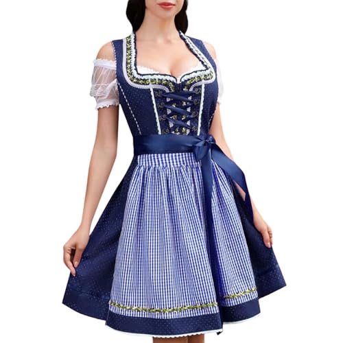 Dirndl Damen Midi - Trachtenkleid Damen Trachtenmode Elegant Dirndlkleid Modern Dirndl-Komplettsets 3 Teilig Knielang Dirndelkleider mit Bluse Schürze Schnürung Spitze Kleid Oktoberfest Blau L von Chnnamzu