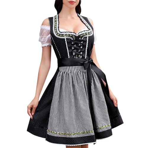 Dirndl Damen Midi - Trachtenkleid Damen Trachtenmode Elegant Dirndlkleid Modern Dirndl-Komplettsets 3 Teilig Knielang Dirndelkleider mit Bluse Schürze Schnürung Spitze Kleid Oktoberfest Schwarz XXL von Chnnamzu