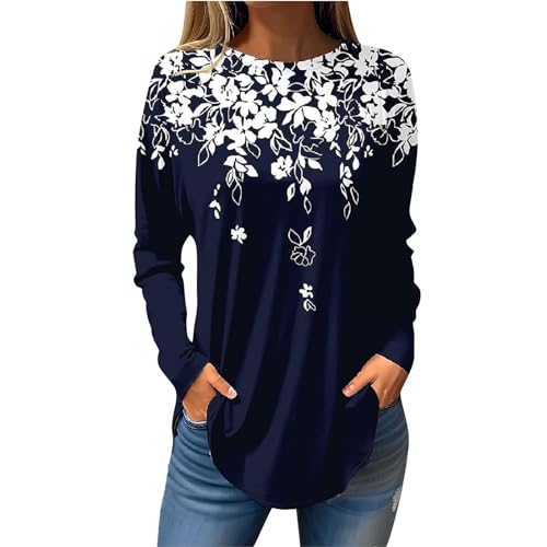 Langarmshirt Damen - Longshirt Tunika Tshirt Basic Oberteil Rundhals Loose T Shirts Lässig Dünn Pullover Sweatshirt Casual Longsleeve Bluse von Chnnamzu