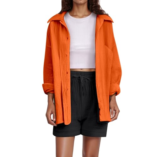 Musselin Bluse Damen - Hemdbluse Damen Langarm Leinenbluse Sommer Hemd Elegant Oberteil Hemdjacke mit Knöpfen Shirts und Blusen Lässig Einfarbig Tops Langarmshirt Leicht Musselinbluse von Chnnamzu