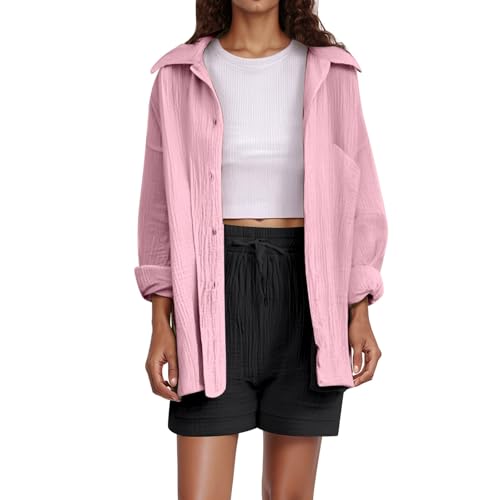 Musselin Bluse Damen - Hemdbluse Damen Langarm Leinenbluse Sommer Hemd Elegant Oberteil Hemdjacke mit Knöpfen Shirts und Blusen Lässig Einfarbig Tops Langarmshirt Leicht Musselinbluse von Chnnamzu