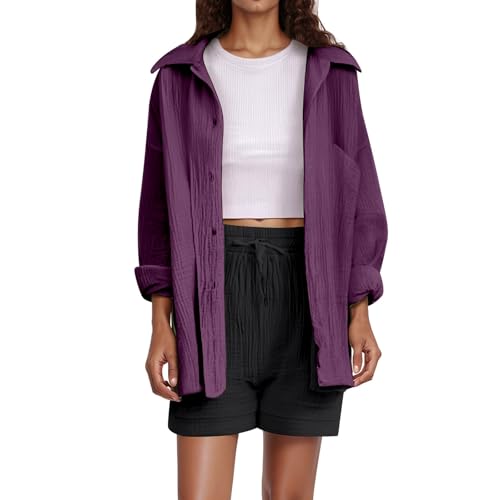 Musselin Bluse Damen - Hemdbluse Damen Langarm Leinenbluse Sommer Hemd Elegant Oberteil Hemdjacke mit Knöpfen Shirts und Blusen Lässig Einfarbig Tops Langarmshirt Leicht Musselinbluse von Chnnamzu