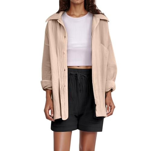 Musselin Bluse Damen - Hemdbluse Damen Langarm Leinenbluse Sommer Hemd Elegant Oberteil Hemdjacke mit Knöpfen Shirts und Blusen Lässig Einfarbig Tops Langarmshirt Leicht Musselinbluse von Chnnamzu