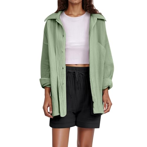 Musselin Bluse Damen - Hemdbluse Damen Langarm Leinenbluse Sommer Hemd Elegant Oberteil Hemdjacke mit Knöpfen Shirts und Blusen Lässig Einfarbig Tops Langarmshirt Leicht Musselinbluse von Chnnamzu