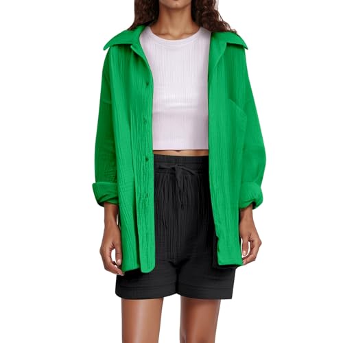Musselin Bluse Damen - Hemdbluse Damen Langarm Leinenbluse Sommer Hemd Elegant Oberteil Hemdjacke mit Knöpfen Shirts und Blusen Lässig Einfarbig Tops Langarmshirt Leicht Musselinbluse von Chnnamzu