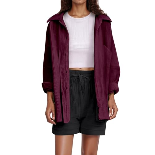 Musselin Bluse Damen - Hemdbluse Damen Langarm Leinenbluse Sommer Hemd Elegant Oberteil Hemdjacke mit Knöpfen Shirts und Blusen Lässig Einfarbig Tops Langarmshirt Leicht Musselinbluse von Chnnamzu