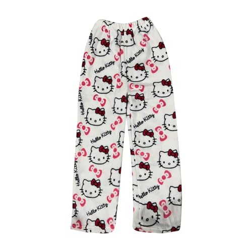 Pyjama Hose Damen Pyjamahose Lang Flanell Schlafanzug Hosen Schlafanzughose Kitty Anime Cartoon Kawaii Kuschelig Weich Bequeme Warm Flauschig Casual Home Lounge Schlafhose für Frauen Teenager Mädchen von Chnnamzu