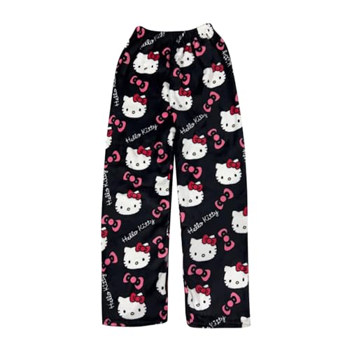 Pyjama Hose Damen Pyjamahose Lang Flanell Schlafanzug Hosen Schlafanzughose Kitty Anime Cartoon Kawaii Kuschelig Weich Bequeme Warm Flauschig Casual Home Lounge Schlafhose für Frauen Teenager Mädchen von Chnnamzu