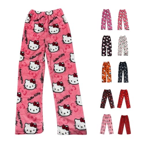 Pyjama Hosen Damen Pyjamahose Lang Flanell Schlafanzug Hosen Anime Cartoon Schlafanzughose Flauschige Weich Warme Bequeme Schlafhose Kawaii Casual Lounge Schlafanzughosen Pyjamahosen Herbst-Winter von Chnnamzu