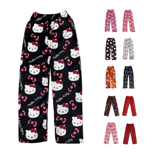 Pyjama Hosen Damen Pyjamahose Lang Flanell Schlafanzug Hosen Anime Cartoon Schlafanzughose Flauschige Weich Warme Bequeme Schlafhose Kawaii Casual Lounge Schlafanzughosen Pyjamahosen Herbst-Winter von Chnnamzu