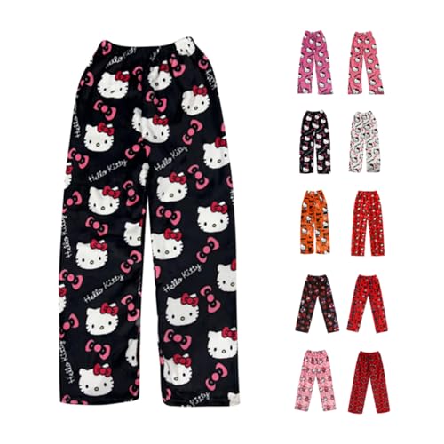 Pyjamahose Damen Lang - Pyjama Hose Damen Flanell Schlafanzughose, Anime Cartoon, Super Weich&Bequeme, Flauschig&Warm, Schlafanzug Hosen Lässige Lounge Homewear Outfit Kawaii Schlafhose Herbst Winter von Chnnamzu