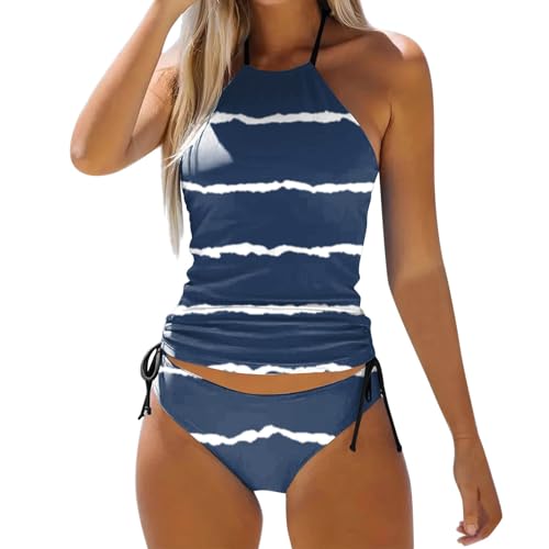 Tankini Damen Neckholder Gepolstertes Bikini-Oberteil Seitliche Kordelzug Zweiteiliger Badeanzug Bauchweg Swimsuit Kordelzug Side Bikini Sets Bademode Rückenfrei Sport Strandmode Schwimmanzug von Chnnamzu