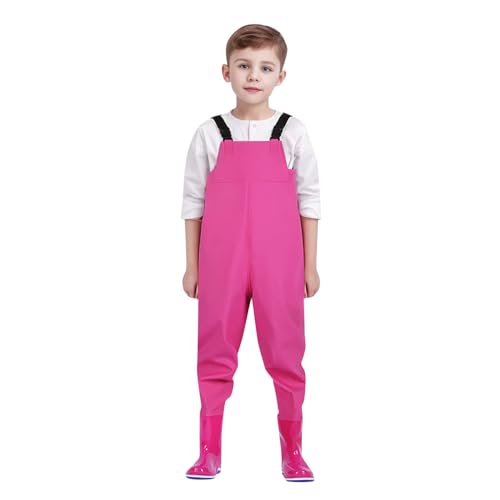 Wathose für Jungen und Mädchen - Wathose für Kinder, Wasserdichte Regenhose mit Stiefeln,Junior Hosenträger Matschhose Regenstiefel,Rutschfeste Sohle Gummistiefel für Jugendliche für 2-15 Jahre von Chnnamzu