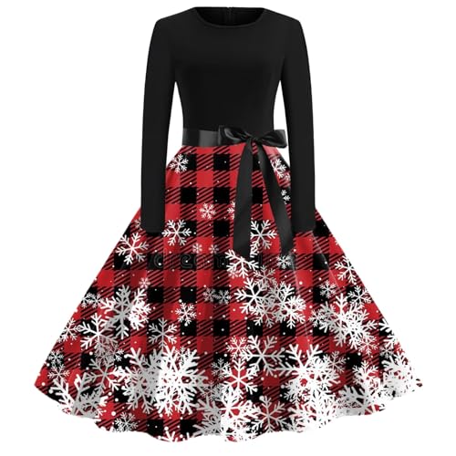 Weihnachtskleid Damen, Vintage Weihnachts Kleid Damen Vintage 50er Rockabilly Retro Kleider Eleganter Faltenrock mit Weihnachtsmuster Weihnachtsmann Schneemann von Chnnamzu