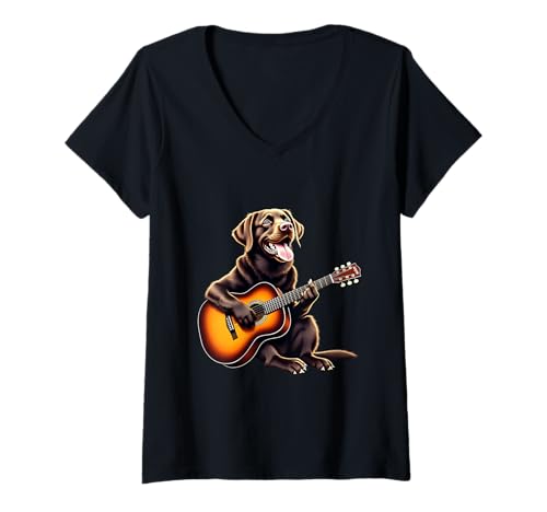 Damen Lustiger Schokoladen-Labrador spielt Gitarre Design Musikliebhaber T-Shirt mit V-Ausschnitt Damen Lustiger Schokoladen-Labrador spielt Gitarre Design Musikliebhaber T-Shirt mit V-Ausschnitt von Chocolate Lab Lovers Designs