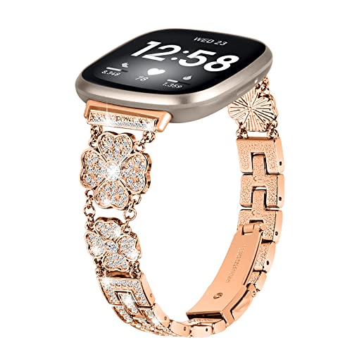 Chofit Armbänder Kompatibel mit Fitbit Versa 4/Sense 2/Versa 3/Sense Armband, Bling Strass Vierblättriges Kleeblatt Armband Metallband Ersatzarmband für Frauen von Chofit