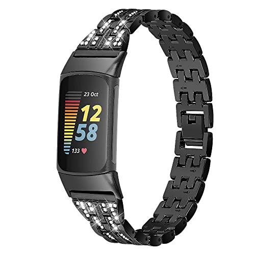 Chofit Ersatzarmband kompatibel mit Fitbit Charge 5 Bändern, Bling Bling Bling Strass Metall Edelstahl Bänder Armband Armband für Charge 5 Activity Tracker für Frauen (schwarz) von Chofit