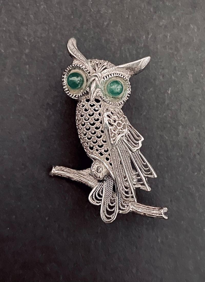 Antique Edwardian Owl Brooch Filigree Silver 800 Art Nouveau Jugendstil Russian von Choliba