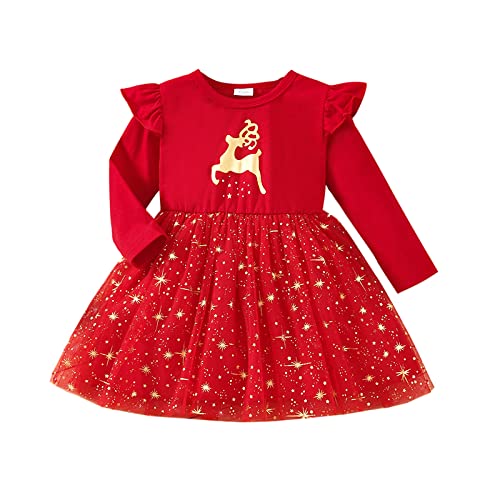 Chollius Baby Mädchen Midi Weihnachtskleid Anzug 0-3 Jahre Langarm Spitzenkleid + Stirnband mit Schleife Tüll Pullover Weihnachten Hirsch Print Weihnachtsfeier (Rot, 18-24 Monate) von Chollius