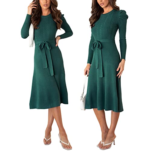 Chollius Damen Strickkleid Elegantes Midikleid Abendkleid Partyskleid Frau Alltagskleid Cocktailkleid Stretchkleid Lange Pufferarm Streickkleid Rundhalsausschnitt Kleid mit Schnürung von Chollius