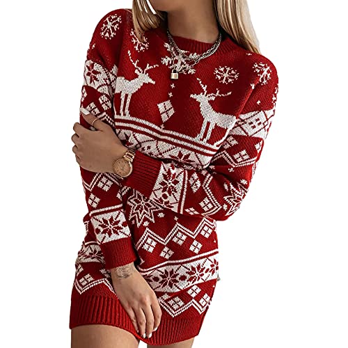 Chollius Damen Weihnachtspullover mit Schneeflocken-Print Elch-Herz-Pullover Langarm Rundhalsausschnitt Weihnachten Pulloverkleid Lässig gestricktes Pullover Strick Pulloverkleid für den Weihanchten von Chollius