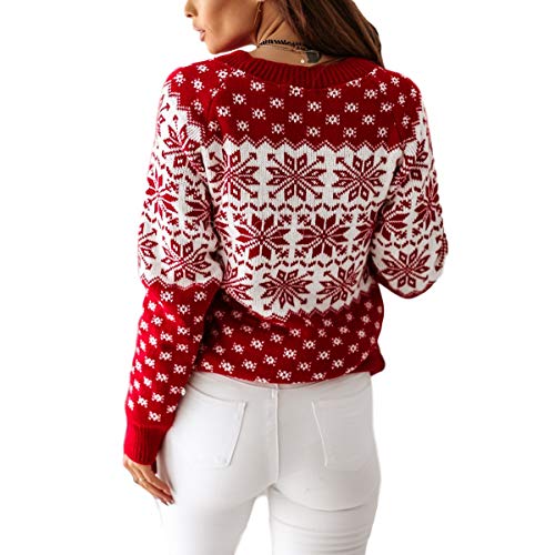 Chollius Damen Weihnachtspullover mit Schneeflocken-Print Elch-Herz-Pullover Langarm Rundhalsausschnitt Weihnachten Pulloverkleid Lässig gestricktes Pullover Strick Pulloverkleid für den Weihanchten von Chollius