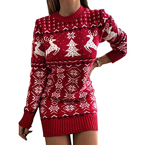 Chollius Damen Weihnachtspullover mit Schneeflocken-Print Elch-Herz-Pullover Langarm Rundhalsausschnitt Weihnachten Pulloverkleid Lässig gestricktes Pullover Strick Pulloverkleid für den Weihanchten von Chollius