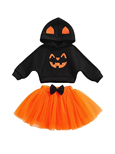 Chollius Kleines Mädchen Halloween Bekleidungsset Halloween 2 Teiliges Kürbis Muster Anzug Set Langarm Kapuzenpullover mit Lächelndem Gesicht+Tüllrock Mode Halloween Outfits Partyskostüm 1-4 Jahre von Chollius