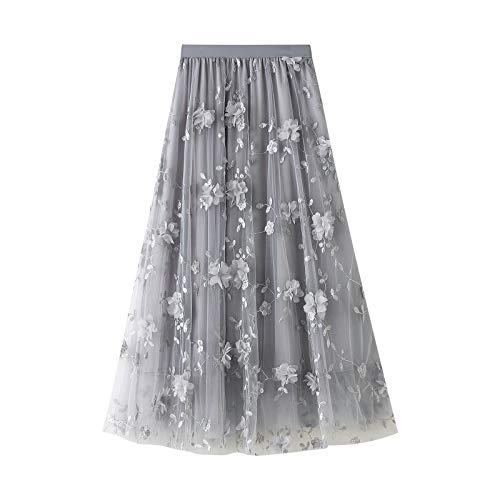 Damen Tüllrock Langes Stickerei Rock Eleganter Elastischer A-Linie Damen Mode Lagenrock Plissee Tüll Kleid Blumenmuster Spitze Hohe Taille Midiröcke Lässiges Mädchen Vintage Meshrock von Chollius