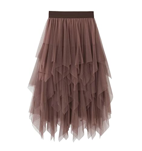 Damen Tüllrock Sommer Rock Elastische Plissee Tutu Hohe Taille Retro Elegant Lässig A-Linien Kleid Unregelmäßige Layered Midi Röcke Trendy Einfarbiger Rock Urlaubsrock Alltagsrock von Chollius