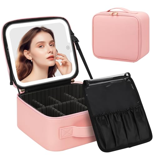 Chomeiu Make-up-Tasche mit LED-Spiegel, Make-up-Tasche, tragbar, 3 Farben, Lichter, 04-Rosa 2, Small, Reise-Make-up-Tasche für Damen von Chomeiu