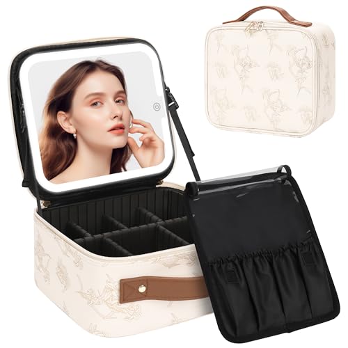 Chomeiu Make-up-Tasche mit LED-Spiegel, Make-up-Tasche, tragbar, 3 Farben, Lichter, 03-beige, Small, Reise-Make-up-Tasche für Damen von Chomeiu