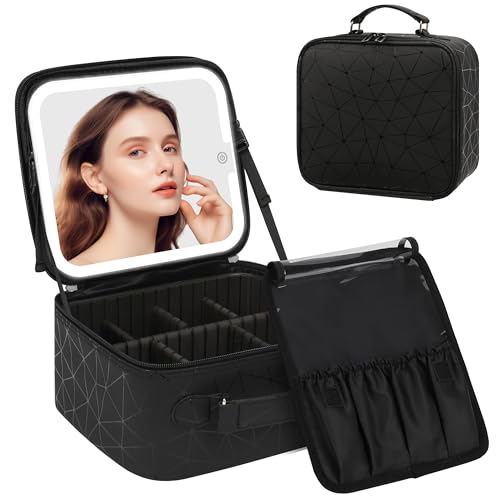 Chomeiu Make-up-Tasche mit LED-Spiegel, Make-up-Tasche, tragbar, 3 Farben, Lichter, 03-Geometrisches Schwarz, Small, Reise-Make-up-Tasche für Damen Chomeiu Make-up-Tasche mit LED-Spiegel, Make-up-Tasche, tragbar, 3 Farben, Lichter, 03-Geometrisches Schwarz, Small, Reise-Make-up-Tasche für Damen von Chomeiu