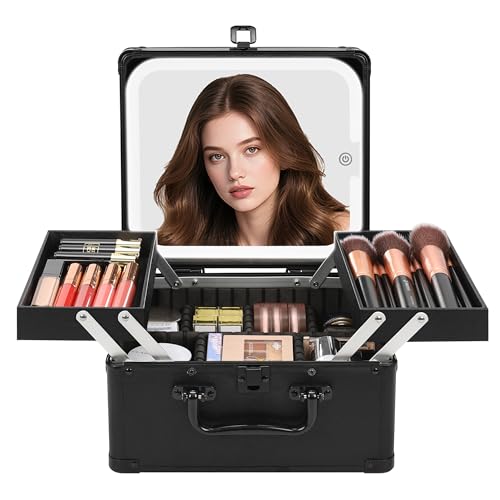 Chomeiu Make-up-Tasche mit Spiegel, Reise-Zugkoffer, großer Kosmetik-Organizer mit 2 Ablagen und Kosmetikspiegel mit LED-Lichtern, Pinselhalter, Aufbewahrungsbox, Koffer für Nagelsets, Kosmetik von Chomeiu