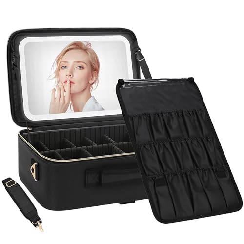 Chomeiu Reise-Make-up-Tasche, professionelle Kosmetiktasche, Organizer, Zubehörtasche, Werkzeugkoffer (klein, schwarz), A-schwarz, L, Große Make-up-Tasche mit LED-Spiegel von Chomeiu